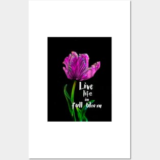 Live Life In Full Bloom Quote Flower Art Purple And Black Posters and Art